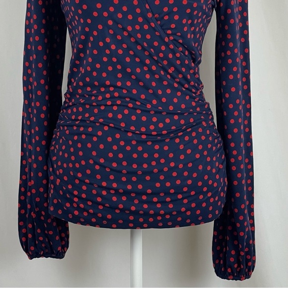 Boden Navy And Red Polka Dot Faux Wrap Ruched Top NWOT - Picture 3 of 11